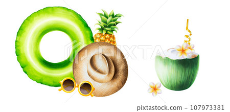 Watercolor tropical beach composition with hat, sunglasses, pineapple, pool float and green coconut with gold tube illlustrations. Tropical fruit isolated on white background. For designers, spa 107973381