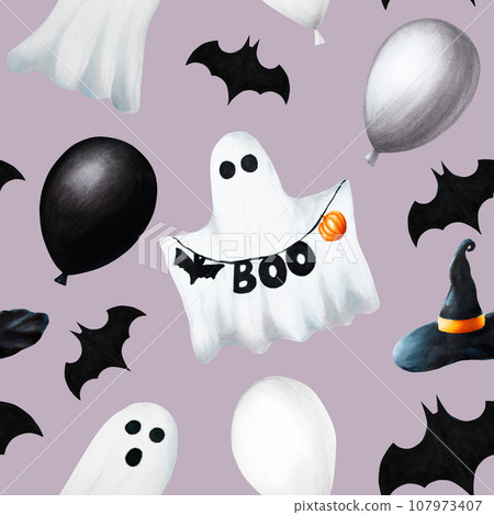 Watercolor seamless pattern with festive flags, cute ghosts, bats and balloons for halloween illustration. Hand painting postcard isolated on white background. For designers, decoration, shop, for Watercolor seamless pattern with festive flags, cute ghosts, bats and balloons for halloween illustration. Hand painting postcard isolated on white background. For designers, decoration, shop, for 107973407