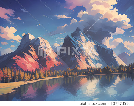 Mountain reflecting in lake 107973593