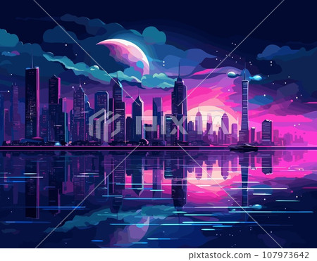 Vibrant city skyline with neon lights reflected in tranquil waters. Crescent cosmic body dominates horizon, casting soft glow. Futuristic vehicles hover in night sky. Vibrant city skyline with neon lights reflected in tranquil waters. Crescent cosmic body dominates horizon, casting soft glow. Futuristic vehicles hover in night sky. 107973642