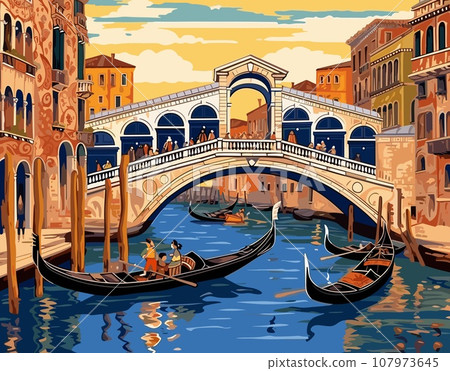 Illustration of a Venetian canal scene. Gondolas move below an ornate bridge, surrounded by terracotta buildings with frescoes 107973645