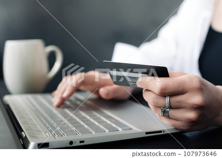 Effortless E-commerce: Woman's Hand Balancing Credit Card and Laptop. Seamless Online Shopping Effortless E-commerce: Woman's Hand Balancing Credit Card and Laptop. Seamless Online Shopping 107973646