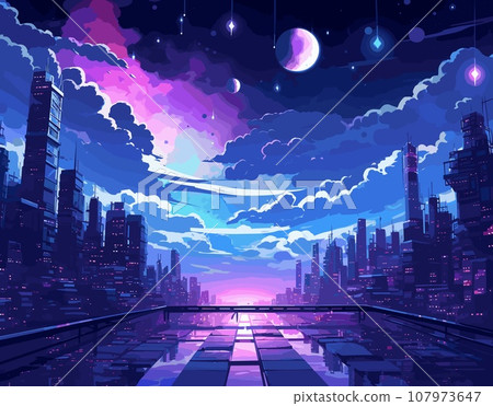 A vibrant city illuminated by neon lights, set against a backdrop of a majestic cosmic sky dotted with glowing moons and luminous orbs A vibrant city illuminated by neon lights, set against a backdrop of a majestic cosmic sky dotted with glowing moons and luminous orbs 107973647