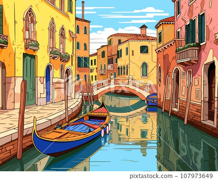 In a warm Venetian canal, gothic windows and ornate balconies showcase the citys rich history. Vibrantly colored boats float on mirror-like water, reflecting the skys pastel shades. In a warm Venetian canal, gothic windows and ornate balconies showcase the citys rich history. Vibrantly colored boats float on mirror-like water, reflecting the skys pastel shades. 107973649