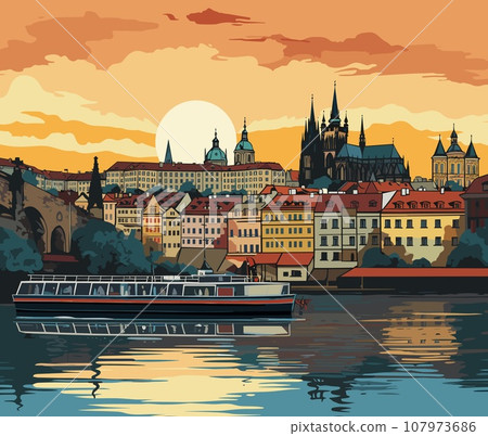 Prague cityscape at sunset, Czech Republic. Vector illustration Prague cityscape at sunset, Czech Republic. Vector illustration 107973686
