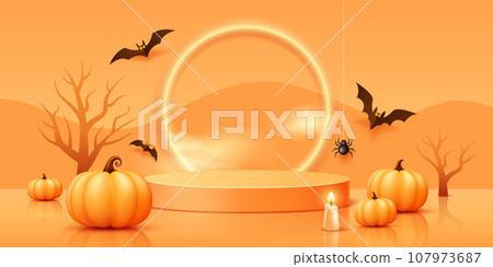 Halloween Orange podium 3D, realistic pumpkins, candle and bat flying, trees, spider web, banner design Halloween Orange podium 3D, realistic pumpkins, candle and bat flying, trees, spider web, banner design 107973687