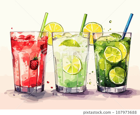 Various cocktails in different glasses, accompanied by fresh fruits, are presented on a wooden surface Various cocktails in different glasses, accompanied by fresh fruits, are presented on a wooden surface 107973688