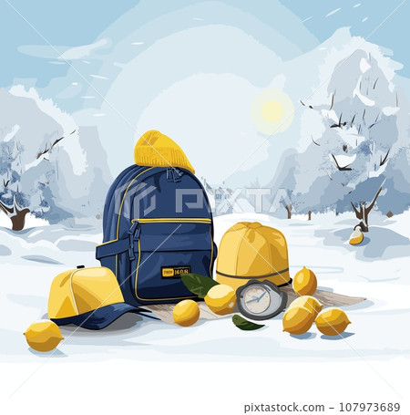 Vector illustration of a backpack, hat, compass and lemons in the winter forest. Vector illustration of a backpack, hat, compass and lemons in the winter forest. 107973689