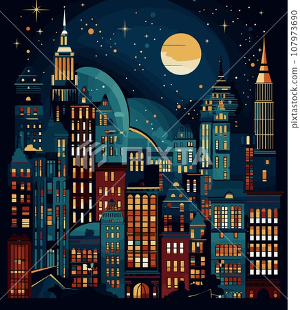 City at night with moon and stars. Vector illustration in flat style City at night with moon and stars. Vector illustration in flat style 107973690