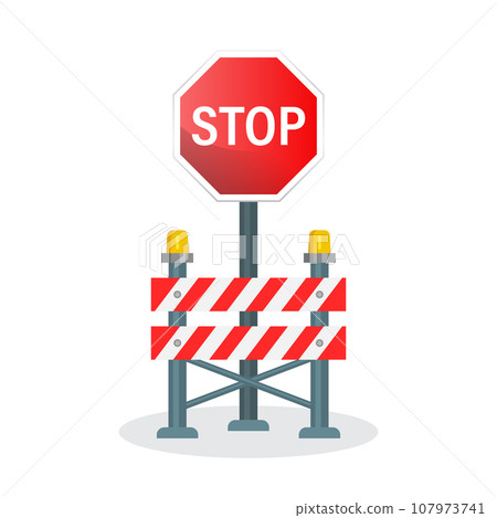Stop traffic road barrier icon in flat style. Roadwork vector illustration on isolated background. Safety barricade sign business concept. 107973741