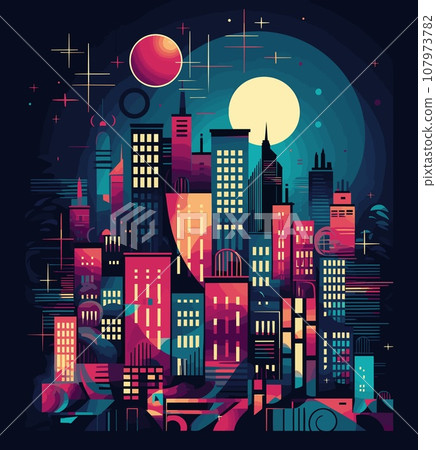 Cityscape with buildings, skyscrapers and moon. Vector illustration Cityscape with buildings, skyscrapers and moon. Vector illustration 107973782