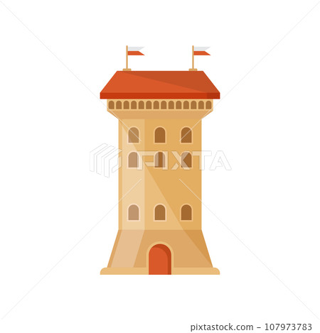 Castle tower icon in flat style. Medieval citadel vector illustration on isolated background. Stronghold building sign business concept. 107973783