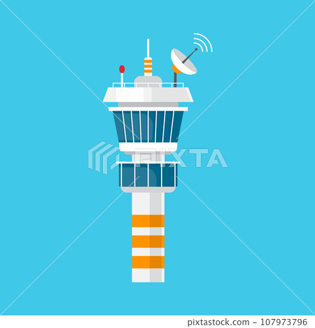 Flight control tower icon in flat style. Navigation monitor vector illustration on isolated background. Airport building sign business concept. 107973796