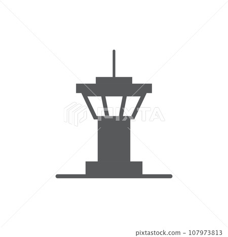 Flight control tower icon in flat style. Navigation monitor vector illustration on isolated background. Airport building sign business concept. 107973813