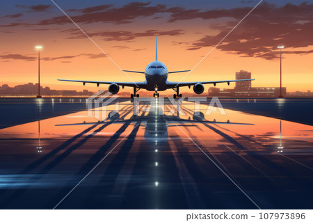 Sunset view of airplane on airport runway. Generative AI Sunset view of airplane on airport runway. Generative AI 107973896