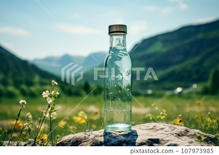 Mineral water in glass bottle on nature background. Generative AI 107973985
