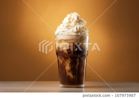 Cold root beer float with vanilla ice cream on an orange background. Generative AI 107973987