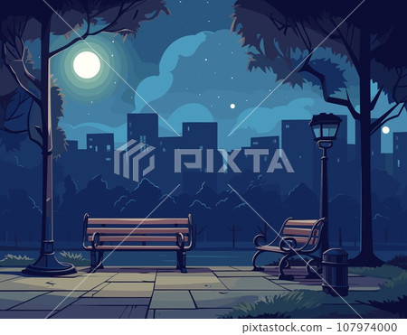 A serene park at night, lit by moonlight. Empty benches beckon for a peaceful pause, as the city silhouette watches from afar. A serene park at night, lit by moonlight. Empty benches beckon for a peaceful pause, as the city silhouette watches from afar. 107974000