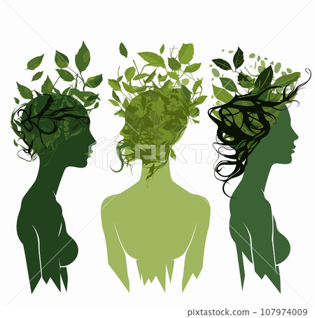 Silhouettes of women with green leaves in their hair. Vector illustration 107974009
