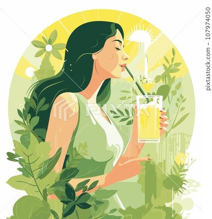 A woman with long hair intertwined with leaves holds a glass of juice, symbolizing vitality and nature, amidst vibrant colors and lush greenery A woman with long hair intertwined with leaves holds a glass of juice, symbolizing vitality and nature, amidst vibrant colors and lush greenery 107974050