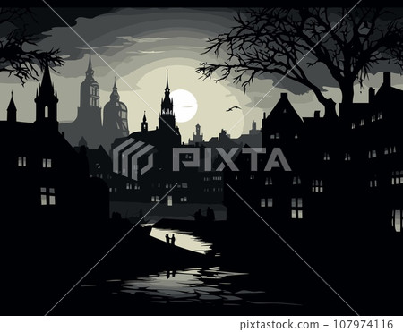 Silhouette of the old city at night. Vector illustration Silhouette of the old city at night. Vector illustration 107974116
