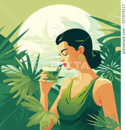 A woman savors serene moments, sipping green tea in a lush jungle, captured in contemplative poses amidst vibrant foliage. A woman savors serene moments, sipping green tea in a lush jungle, captured in contemplative poses amidst vibrant foliage. 107974117