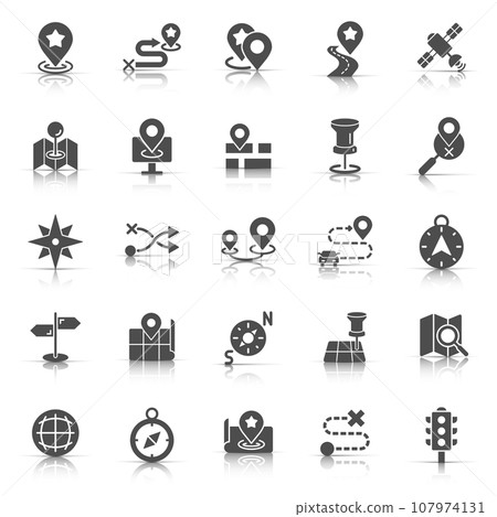 Navigation icon set in flat style. Gps direction vector illustration on white isolated background. Locate pin position business concept. Navigation icon set in flat style. Gps direction vector illustration on white isolated background. Locate pin position business concept. 107974131