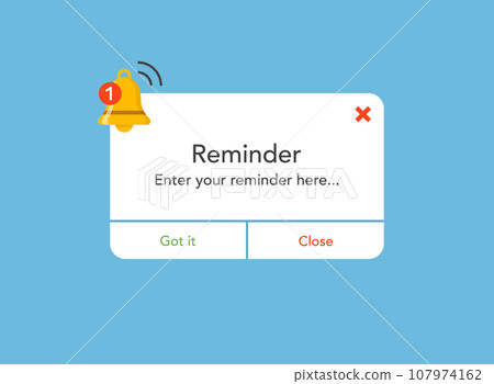 Reminder notifications page with alert bell icon in flat style. Event notice message vector illustration on isolated background. Announcement notice sign business concept. Reminder notifications page with alert bell icon in flat style. Event notice message vector illustration on isolated background. Announcement notice sign business concept. 107974162