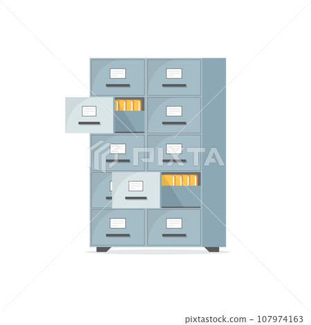 Office cabinet icon in flat style. Furniture storage vector illustration on isolated background. Drawer sign business concept. Office cabinet icon in flat style. Furniture storage vector illustration on isolated background. Drawer sign business concept. 107974163
