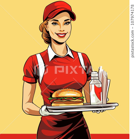 A waitress in a lively diner skillfully holds a tray with a hamburger and a soda, with a cartoonish burger 107974178