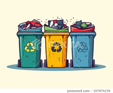 Three trash bins of different colors with various contents are presented Three trash bins of different colors with various contents are presented 107974230