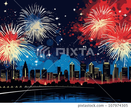 A mesmerizing cityscape under the flashes of bright fireworks. The glowing city is reflected in the calm river A mesmerizing cityscape under the flashes of bright fireworks. The glowing city is reflected in the calm river 107974305
