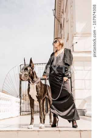 A woman walks with her Great Dane in an urban setting, enjoying the outdoors and the company of her dog. A woman walks with her Great Dane in an urban setting, enjoying the outdoors and the company of her dog. 107974308