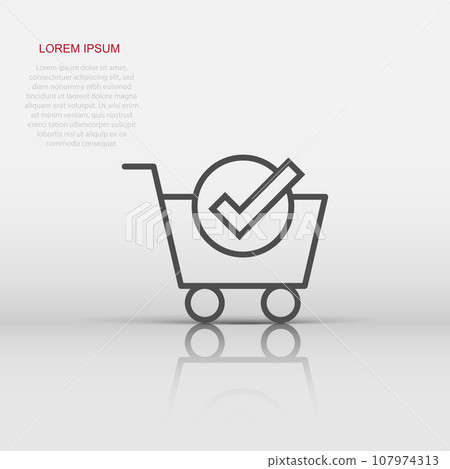 Shopping cart check mark icon in flat style. Buy approval vector illustration on white isolated background. Confirm business concept. Shopping cart check mark icon in flat style. Buy approval vector illustration on white isolated background. Confirm business concept. 107974313