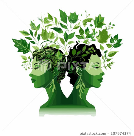 Vector illustration of two women with green leaves in the head. Concept of beauty and health. 107974374