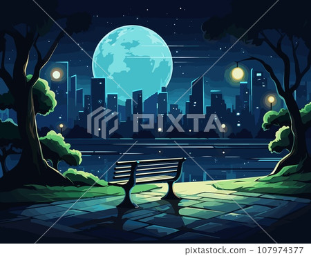 Nighttime scene with a solitary bench situated on a path, offering a view of a vibrant city skyline against a massive moon Nighttime scene with a solitary bench situated on a path, offering a view of a vibrant city skyline against a massive moon 107974377