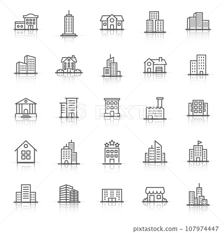 Building icon set in flat style. Town skyscraper apartment vector illustration on white isolated background. City tower business concept. 107974447