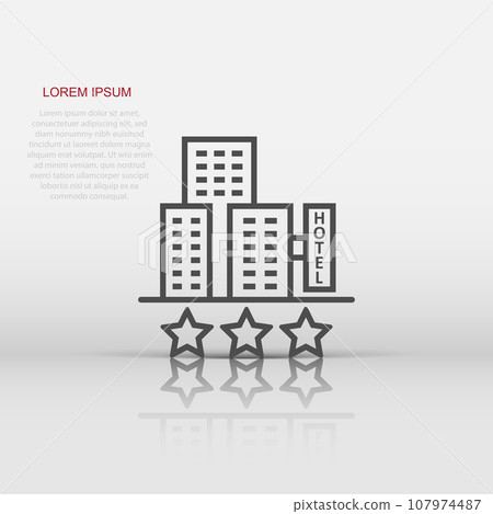 Hotel 3 stars sign icon in flat style. Inn building vector illustration on white isolated background. Hostel room business concept. Hotel 3 stars sign icon in flat style. Inn building vector illustration on white isolated background. Hostel room business concept. 107974487