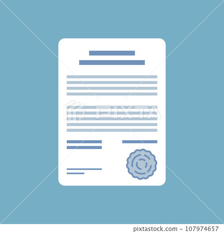Document with stamp and text icon in flat style. White papers vector illustration on isolated background. Confirmed or approved document sign business concept. 107974657