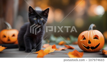 Halloween holidays. Black kitten among autumn pumpkins for Halloween greeting card, jack-o'-lanterns Halloween holidays. Black kitten among autumn pumpkins for Halloween greeting card, jack-o'-lanterns 107974683