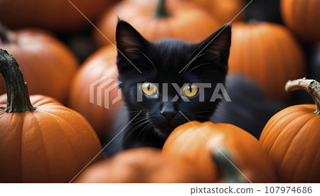 Halloween holidays. Black kitten among autumn pumpkins for Halloween greeting card, jack-o'-lanterns 107974686