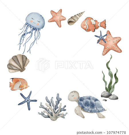 Wreath of Sea Pebbles, jellyfish, turtle, clownfish and starfish, seaweed algae. Hand drawn watercolor illustration. Marine frame, tropical collection for souvenir, posters, sticker, printing, banner Wreath of Sea Pebbles, jellyfish, turtle, clownfish and starfish, seaweed algae. Hand drawn watercolor illustration. Marine frame, tropical collection for souvenir, posters, sticker, printing, banner 107974778