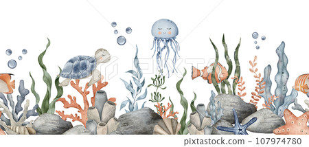 Seamless border of Sea Pebbles, jellyfish, turtle, clownfish and starfish, seaweed algae. Hand drawn watercolor illustration. Marine, tropical collection for souvenir, posters, sticker, printing Seamless border of Sea Pebbles, jellyfish, turtle, clownfish and starfish, seaweed algae. Hand drawn watercolor illustration. Marine, tropical collection for souvenir, posters, sticker, printing 107974780