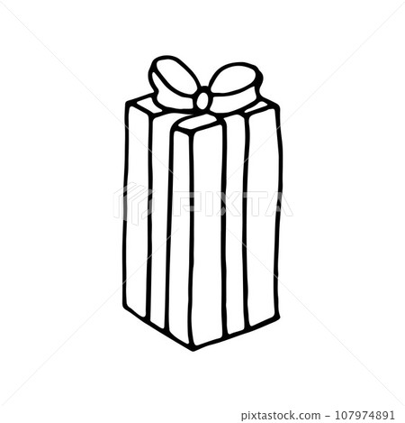 Black Doodle gift with ribbon and bow icon. Black and white Vector Outline element for holiday theme Black Doodle gift with ribbon and bow icon. Black and white Vector Outline element for holiday theme 107974891