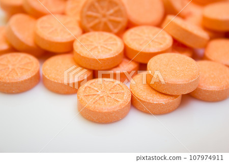 Many tablets and orange vitamin - protection during quarantine, coronavirus, covid19 Many tablets and orange vitamin - protection during quarantine, coronavirus, covid19 107974911
