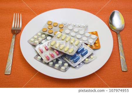 Pills and capsules with fork - food, protection quarantine, coronavirus, covid19 107974955