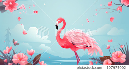 Pink flamingo with exotic flowers 107975002