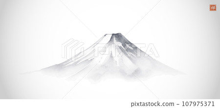 Ink painting of Fujiyama mountain on white background. Traditional oriental ink painting sumi-e, u-sin, go-hua. Translation of hieroglyph - well-being 107975371