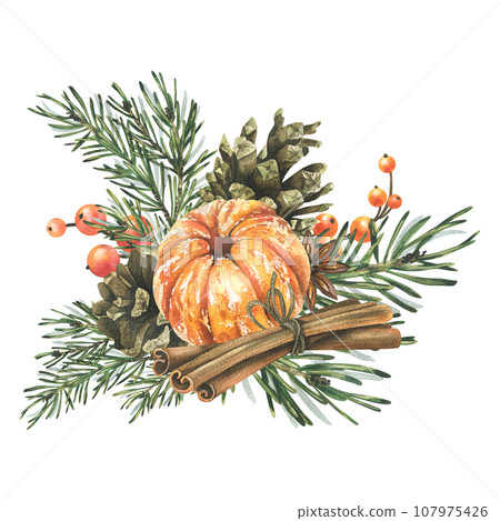 Peeled tangerine with spruce branches, pine cones and spices. Hand drawn watercolor illustration. Isolated composition on a white background for New Year and Christmas. Peeled tangerine with spruce branches, pine cones and spices. Hand drawn watercolor illustration. Isolated composition on a white background for New Year and Christmas. 107975426
