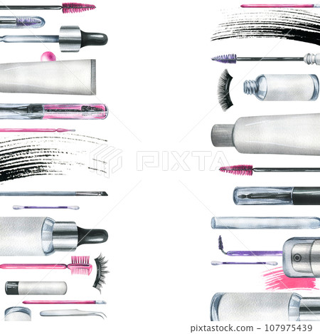 Decorative and personal care cosmetics in black and pink, jars, brushes, smears. Hand drawn watercolor illustration. Frame, board on a white background for the beauty industry, advertising and design. 107975439